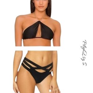 PilyQ PQ Swim  Black Crossover Bikini Top & Strappy Bottoms Size S NWT